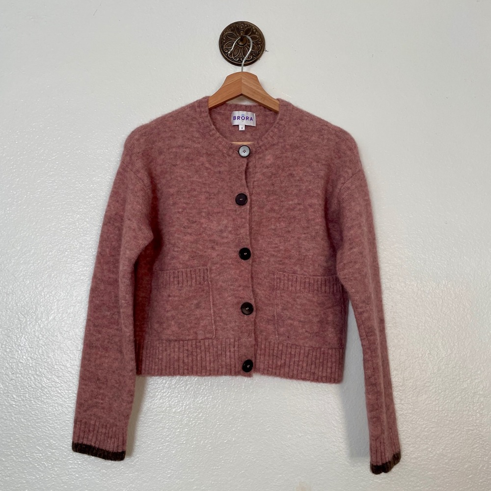 Brora Alpaca Merino Wool Cardigan Sweater Pink Button Front Pocket Size 8